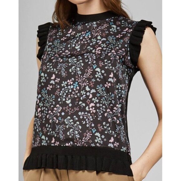 Ted Baker Tops - Ted Baker London S 4 / US 10 Sleeveless Top Floral Ruffle Cap Sleeve Knit Black
